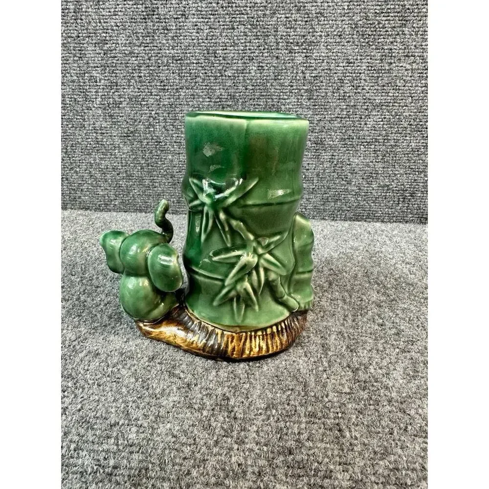 Vintage Ceramic Bamboo Vase with Elephant Figurine 6” Handcrafted – Used